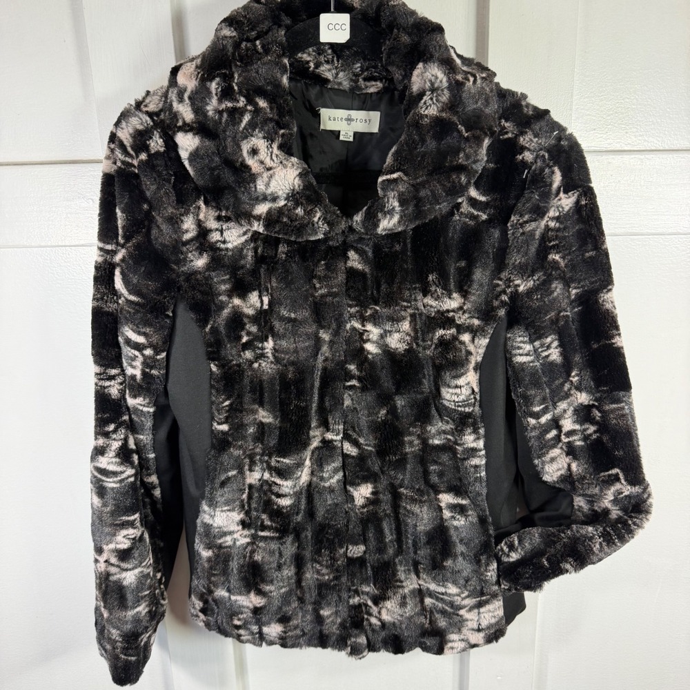 Kate & Rosy Womens Faux Fur Marbled Jacket Black White XL Shawl Collar Plush